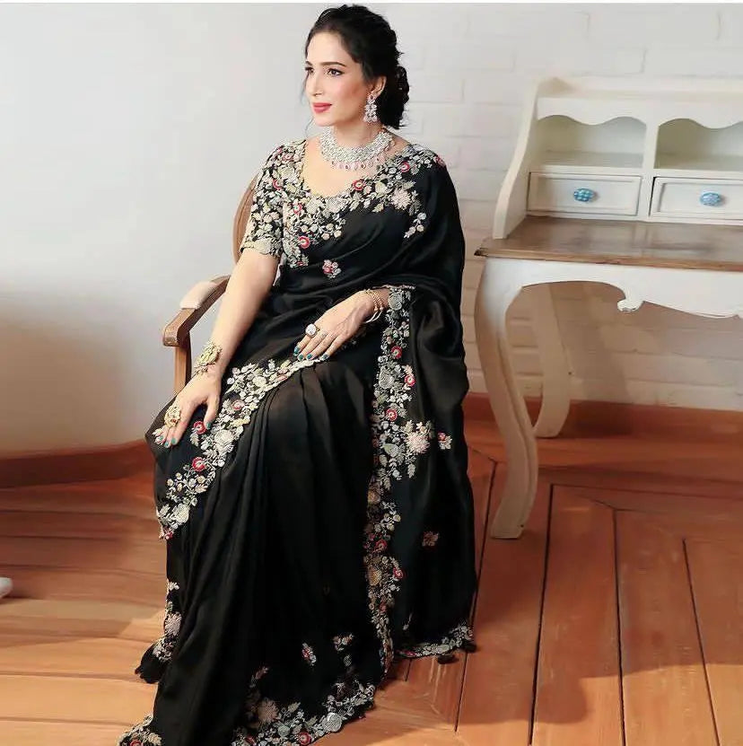 Black Embroidery Work Georgette Saree - kalyanja